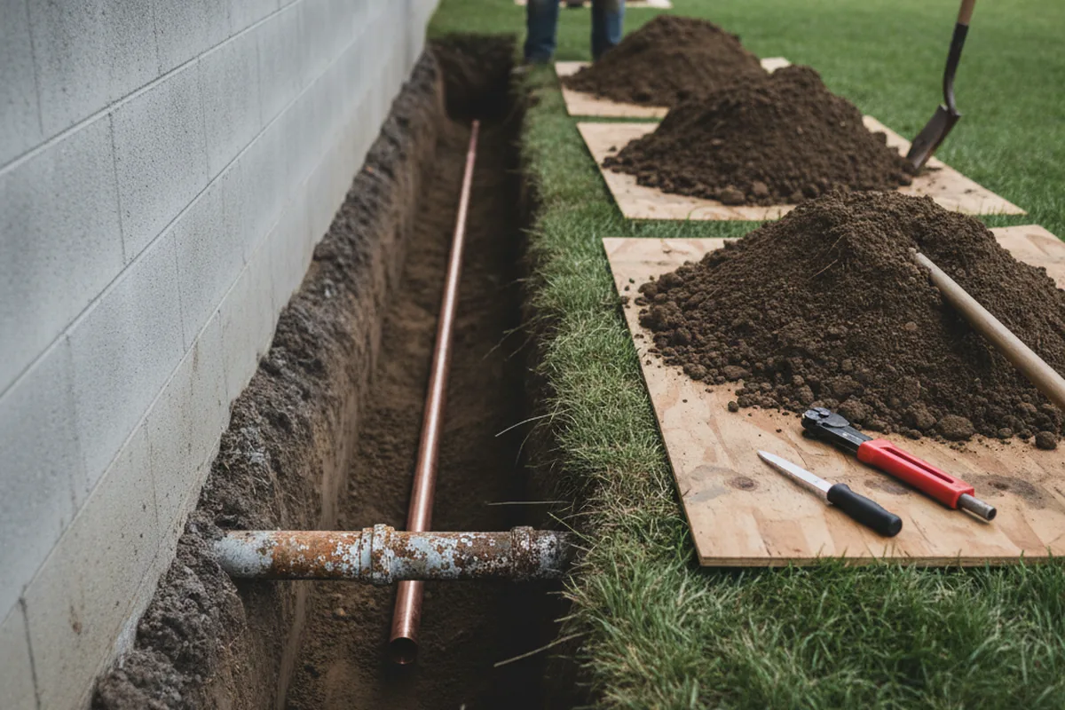 Excavated water line trench during Water Heater Repair in Pittston